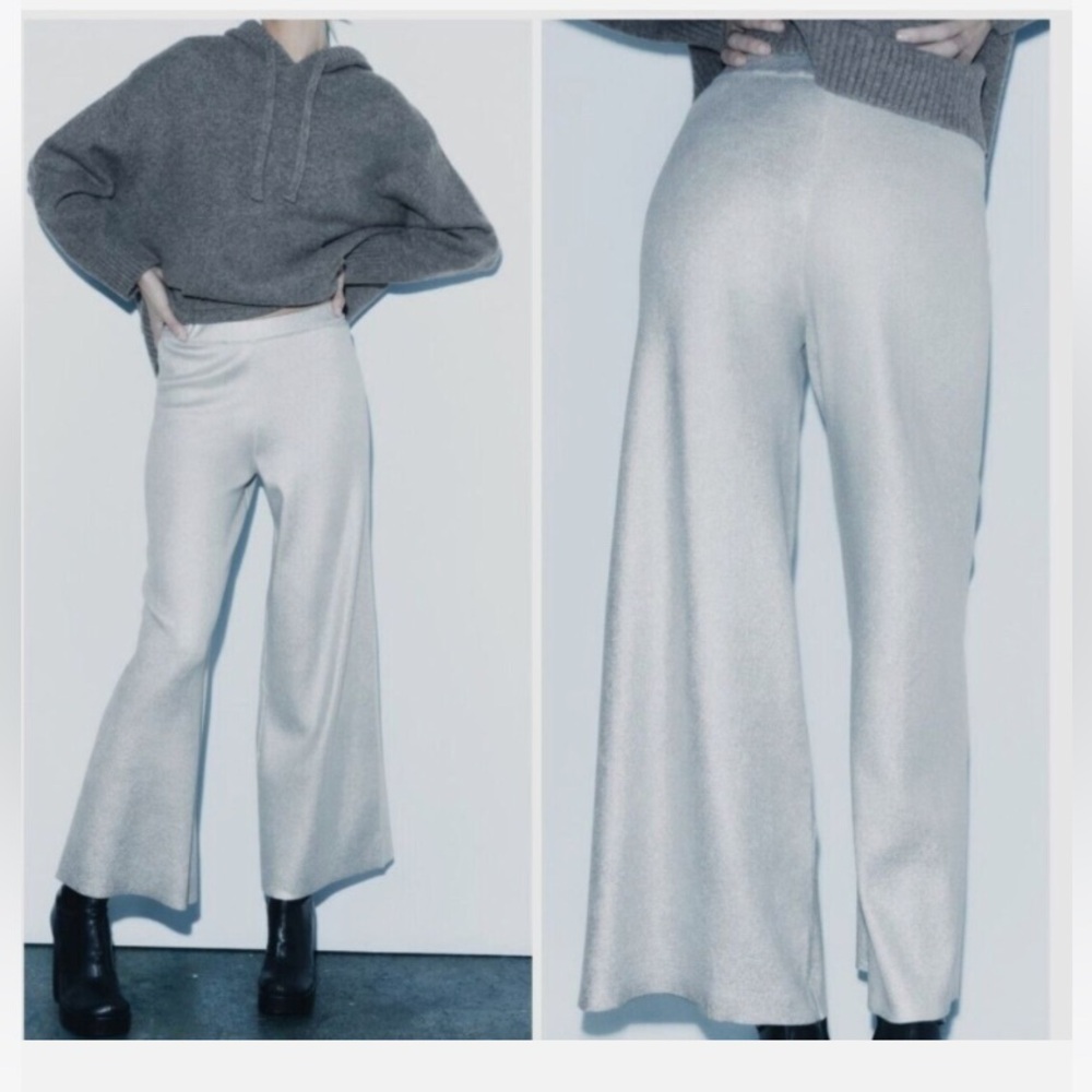 New with tags ZARA metallic/foils silver knit pants wide leg trousser